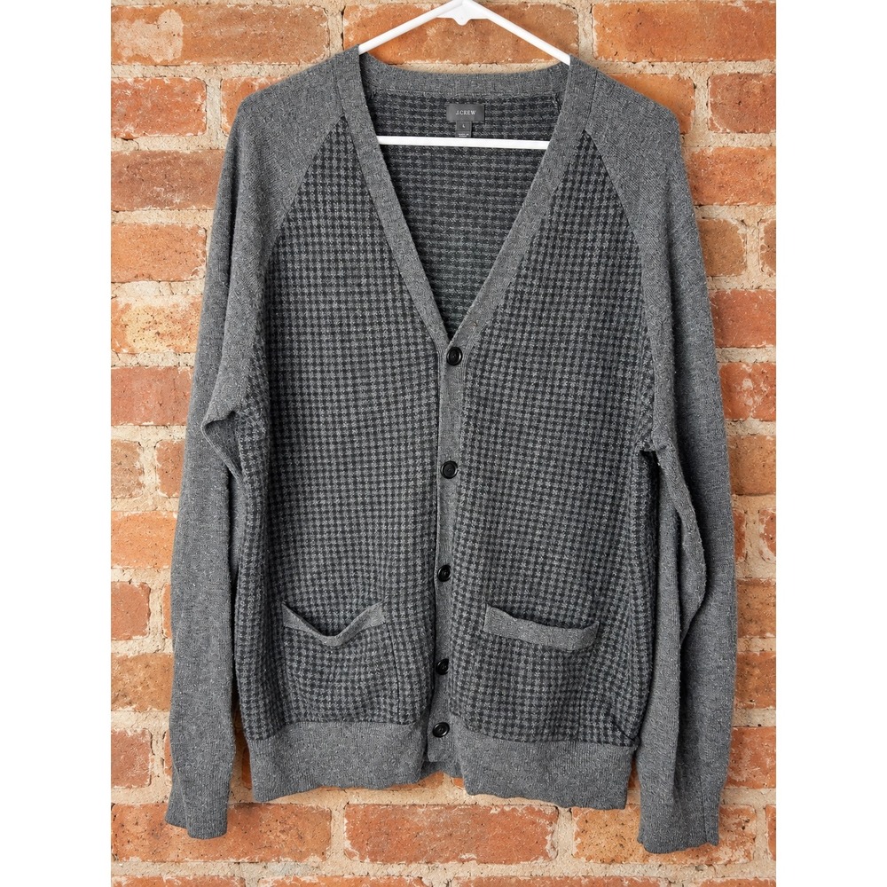 J.Crew Men 100% Merino Wool Houndstooth Cardigan Sweater L Preppy Fall Old Money